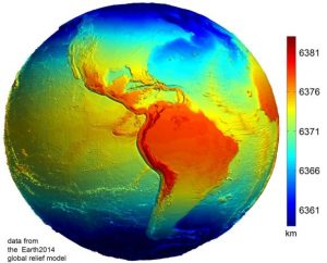 Данные из глобальной модели Земли 2014 года, где более яркими цветами указываются наиболее удаленные от центра Земли точки